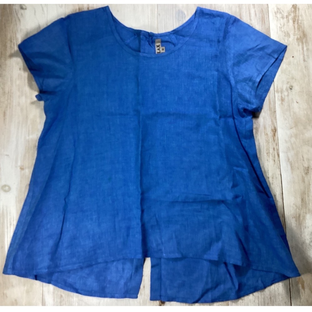 Flax Womens Blue 100% Linen Button Back Short Sleeve Blouse Top Medium Lithuania